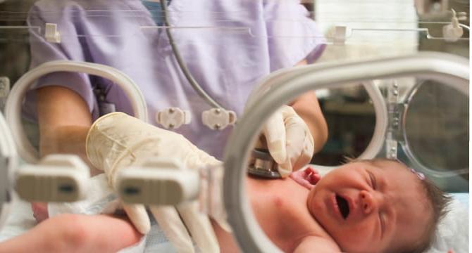 在保育箱里的新生婴儿正在接受护士的检查